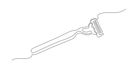 Razor with blades for safety shaving. Continuous line drawing. Black and white vector illustration in line art style.
