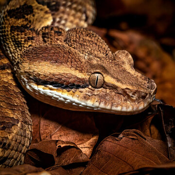 A close-up macro of the Gaboon viper's intricate scale patterns, focusing on its cryptic camouflage against a leaf-littered forest floor