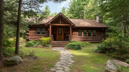 Rustic log cabin nestled in a lush green forest, stone pathway leads to the entrance.