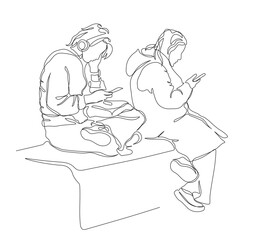 2 young women sitting on bench and using phones. Continuous line drawing. Black and white vector illustration in line art style.
