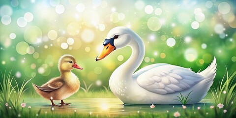 Obraz premium Charming cartoon of a swan and duck with a soft bokeh background, ideal for nature-themed illustrations, logos, and print designs showcasing wildlife and avian beauty.