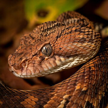 A close-up macro of the Gaboon viper's intricate scale patterns, focusing on its cryptic camouflage against a leaf-littered forest floor