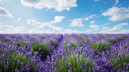 Obraz premium A serene field of lavender in full bloom under a bright blue sky