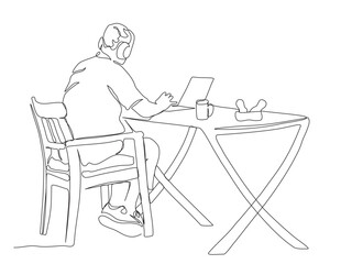 Man in headset using notebook at street cafe table with cup and snack. Continuous line drawing. Black and white vector illustration in line art style.