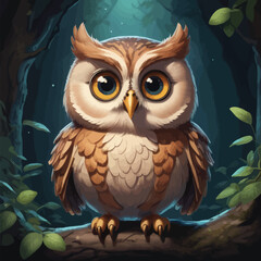 A cute owl with big eyes perches on a branch in the woods.