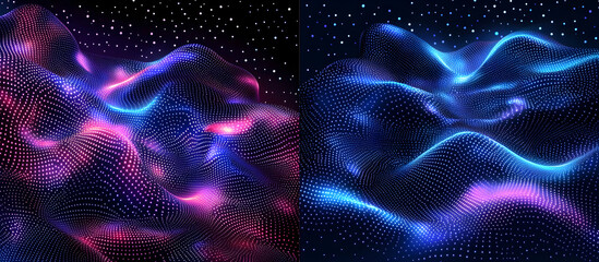 Naklejka premium Vector illustration of two dark blue and purple backgrounds with neon glowing dots forming wavy lines.