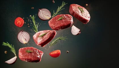 Fototapeta premium Flying raw steaks with ingredients, food preparation concept 