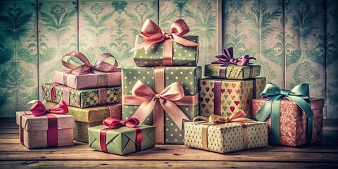 Charming vintage gift box silhouettes adorned with decorative wrapping paper, elegant bows, and ribbons, perfect for holiday festivities and special occasion celebrations. Elevate your gifting experie
