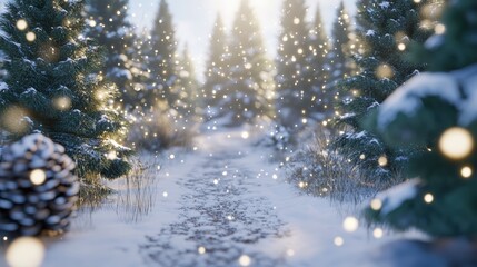 Snowy forest trail with fir trees and soft bokeh background