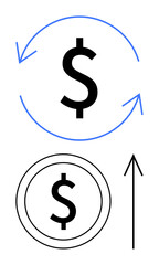 Dollar sign within blue circular arrows indicating recycling or recurring revenue. Rising coin symbol suggests financial growth, investment return. Ideal for finance, banking, economics, profits