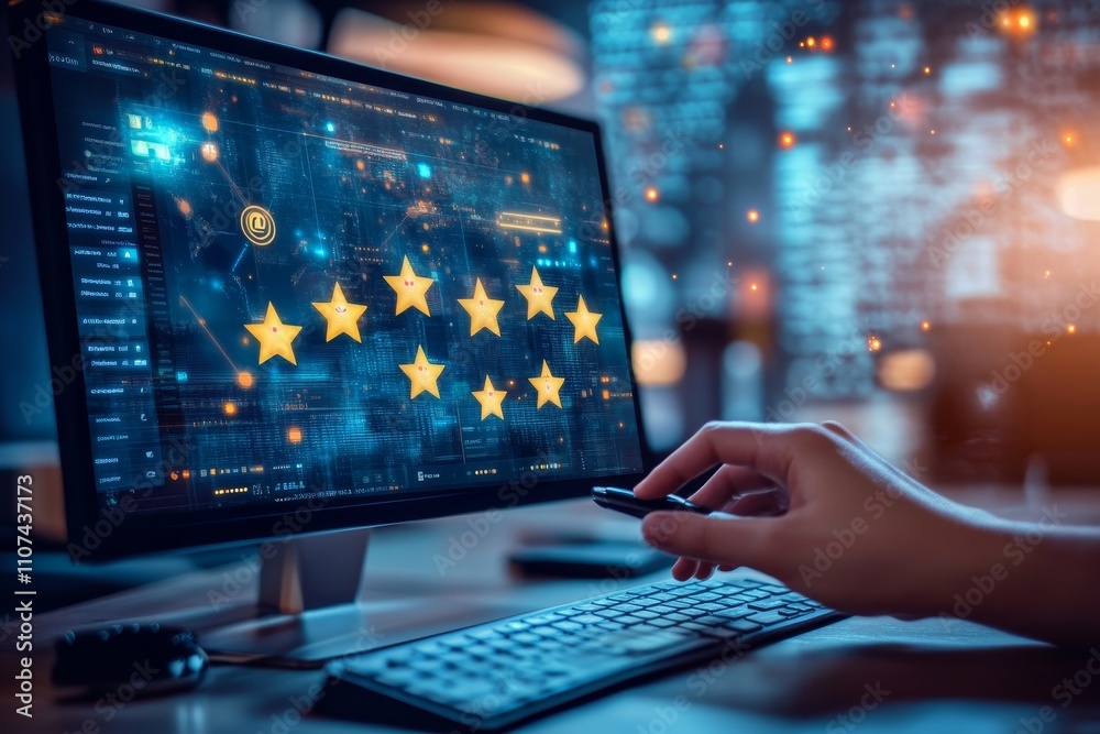 Poster hand using pen to interact with computer screen displaying digital interface and five star rating ov