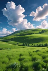 Obraz premium Lush green fields under a radiant blue sky with fluffy white clouds drifting lazily across it, showcasing the beauty of nature at its best., cloud, sky, scenic view