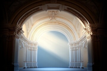 Fototapeta premium This image features an ornate archway illuminated with soft light, highlighting intricate architectural details that invite viewers into a serene and majestic space.