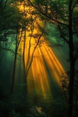 Obraz premium Sunlight filtering through forest trees