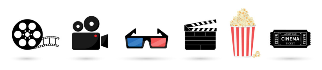 Movie or cinema icons set vector elements collection with ticket, popcorn, film reel, 3d glasses, clapperboard on white background.