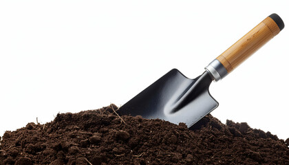 Shovel digging dirt full view on white background