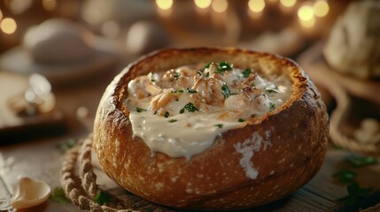 Clam chowder in sourdough bowl with nautical decor background