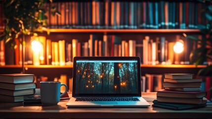 Library corner with laptop for virtual book club and tea