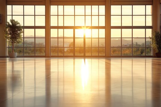 A spacious interior showcasing large windows that let in warm sunlight, casting soft reflections on the polished floor, creating a welcoming work environment.