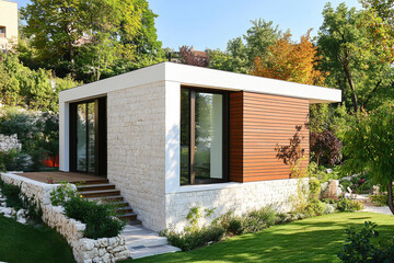 A small, narrow, modern house with white stone walls and wood cladding. A garden is in front of the facade, surrounded by green trees. The scene is captured during the summer.