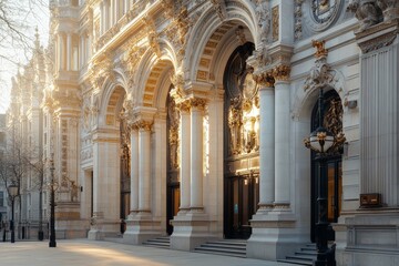 An exquisite view of historical architecture highlights ornate details illuminated by warm light, creating a striking visual of classic elegance and charm.