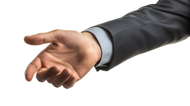 Hand in suit reaching out for handshake isolated on transparent background
