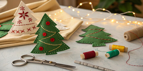 Fototapeta premium Handmade Christmas decorations with felt trees, threads, and scissors create cozy holiday atmosphere. Perfect for festive crafting and DIY projects