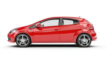 Fototapeta premium A sleek red hatchback car shown from the side, highlighting its sporty design and wheels.