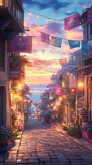 Obraz premium Cultural festival street with lanterns and colorful decorations at twilight