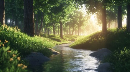 Serene Forest Landscape with Gentle Stream and Sunlight Filtering Through Lush Green Foliage in a Peaceful Natural Environment