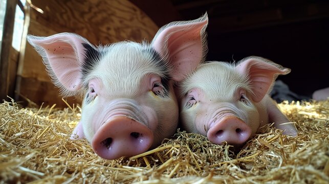 Two piglets resting on straw in a barn