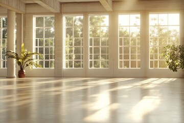 Fototapeta premium A beautifully lit room showcasing expansive windows that invite natural light, creating a serene atmosphere complemented by potted plants for a fresh touch.