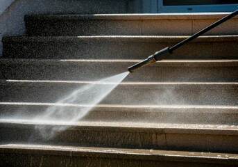 Professional cleaning service is washing exterior stone stairs using high pressure water jet