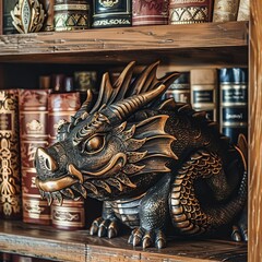 Bronze dragon statue on wooden shelf among books.