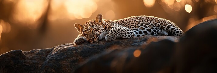 Naklejka premium A serene leopard resting on a rock during sunset, showcasing nature's beauty.