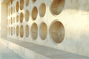 An artistic image featuring a textured wall embedded with round cutouts, providing a modern twist to architectural design while inviting curiosity.