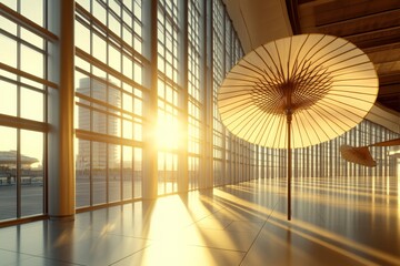 A beautifully lit hallway filled with artistic umbrellas, basking in the golden light of sunset, creating a whimsical atmosphere that invites delight and creativity.