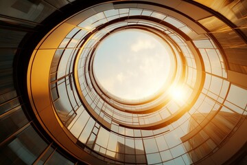Obraz premium An eye-catching circular glass structure bathes in bright natural light, creating a harmonious blend of architecture and nature that invites admiration and contemplation.