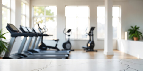 Empty white marble table space platform and fitness gym background. Product display montage Concept.