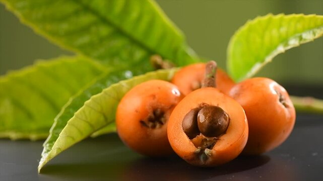 Loquat fruit or Japanese medlars, Nispero, Eriobotrya japonica fresh ripe bio vegetarian food, loquats, medlar berries. Close up, slow motion 