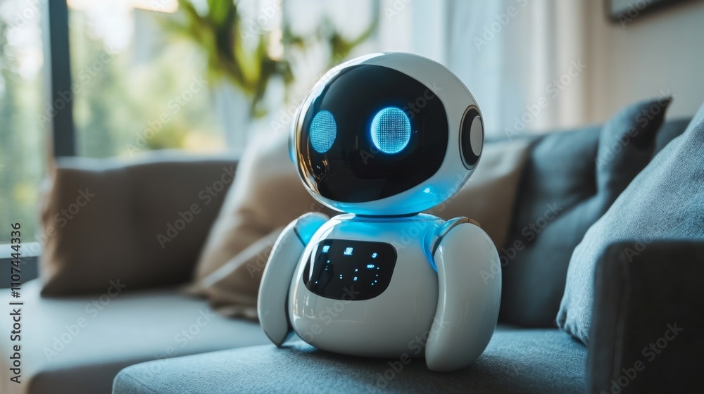 Aufkleber a futuristic ai robot sits on a stylish gray sofa in a well-lit living room, showcasing advanced tec