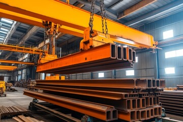 Industrial warehouse with overhead crane lifting steel beams in a manufacturing facility for construction and engineering applications