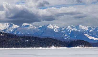 Hungry Horse Reservoir in winter in Flathead National Forest, Montana, USA