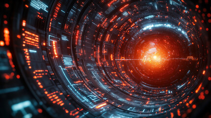 Fototapeta premium Digital tunnel with glowing red and blue circuitry emitting light in a futuristic environment. Generative AI