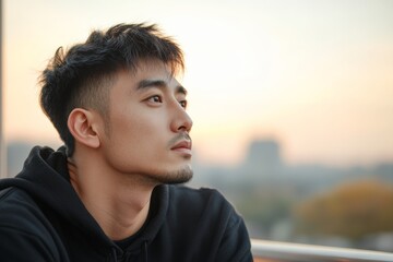 Fototapeta premium A contemplative young man looks towards the horizon at dusk, his profile illuminated by a warm glow, capturing the essence of introspection and serenity amidst urban life.