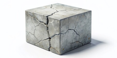 Cracked concrete cube reveals compelling material failure, raising urgent concerns about structural integrity; a poignant reflection on resilience interwoven with the artistry of landscape photography