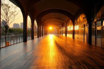 This stunning image showcases an archway beautifully lit by a golden sunset, creating a warm and inviting ambiance that highlights the architectural elegance.