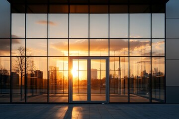 Fototapeta premium A mesmerizing view of a glass entrance reflecting the vibrant sunset, capturing the perfect harmony of nature and modern architecture in a serene city environment.