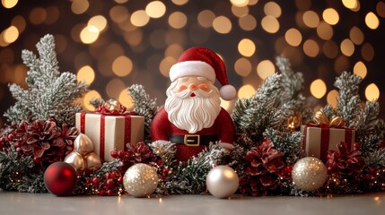 Obraz premium A cheerful Santa Claus figurine graces a festive table adorned with twinkling lights, colorful ornaments, and seasonal delights, capturing the spirit of Christmas.