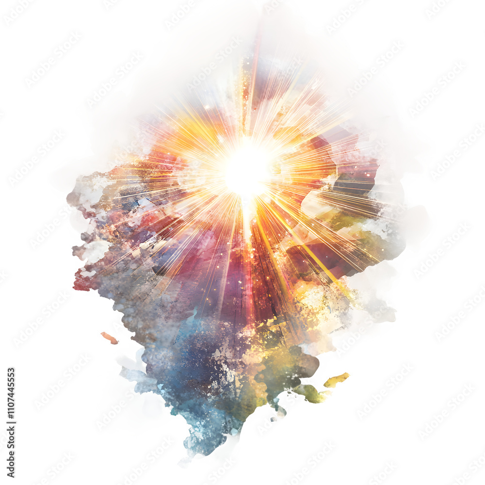 Aufkleber Vibrant and dynamic visual effect created by powerful light rays shining through colorful abstract watercolor stain on a transparent background